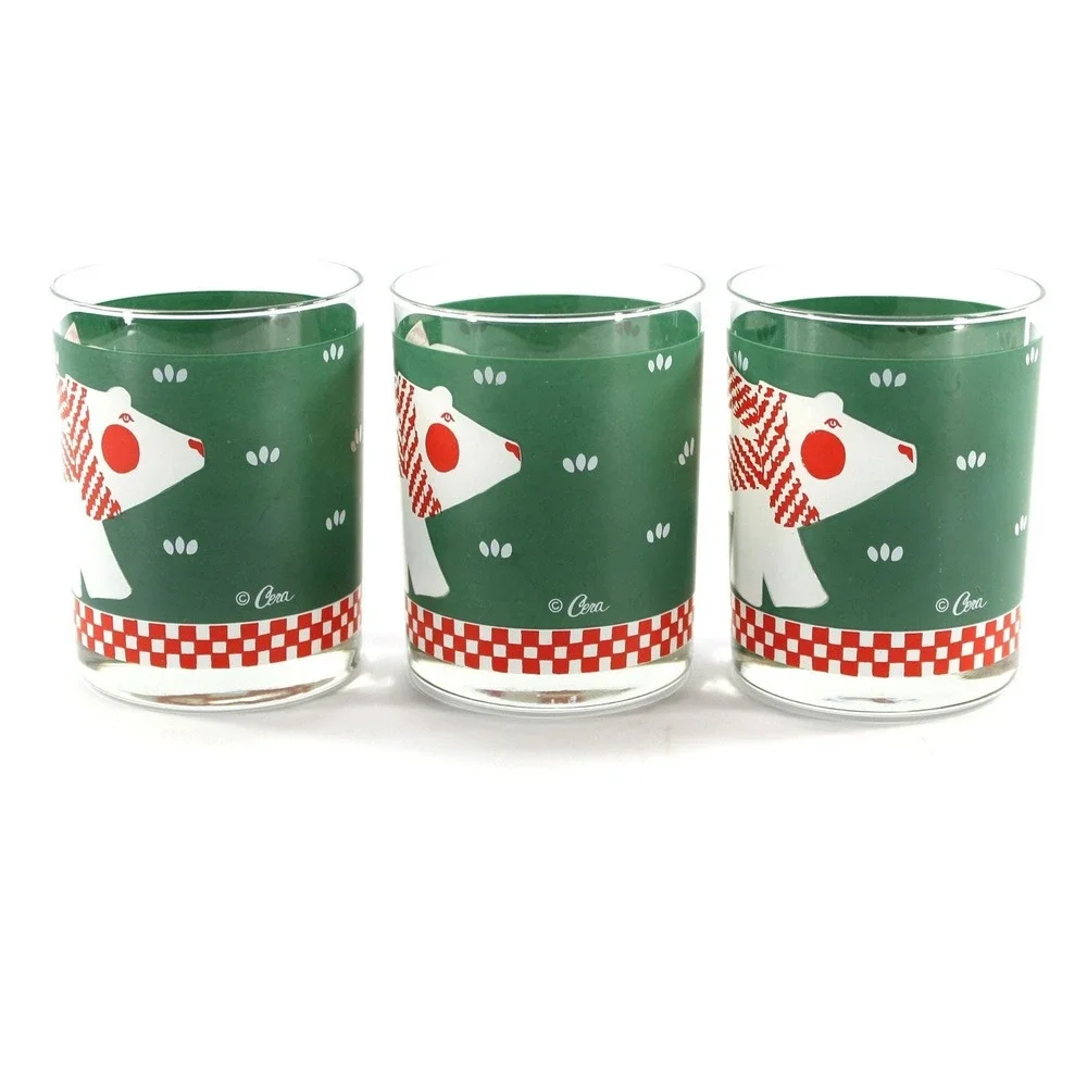 Double Old Fashioned Christmas Winter Cocktail Glasses Cera Set of 3 Polar Bear